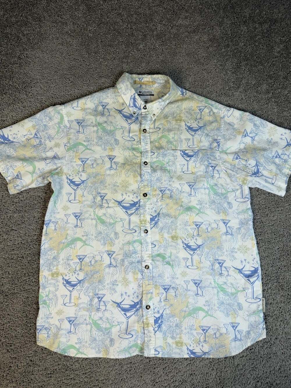 Columbia Shirt Mens XL White AOP Martini Cocktail Lounge River Lodge Button Up